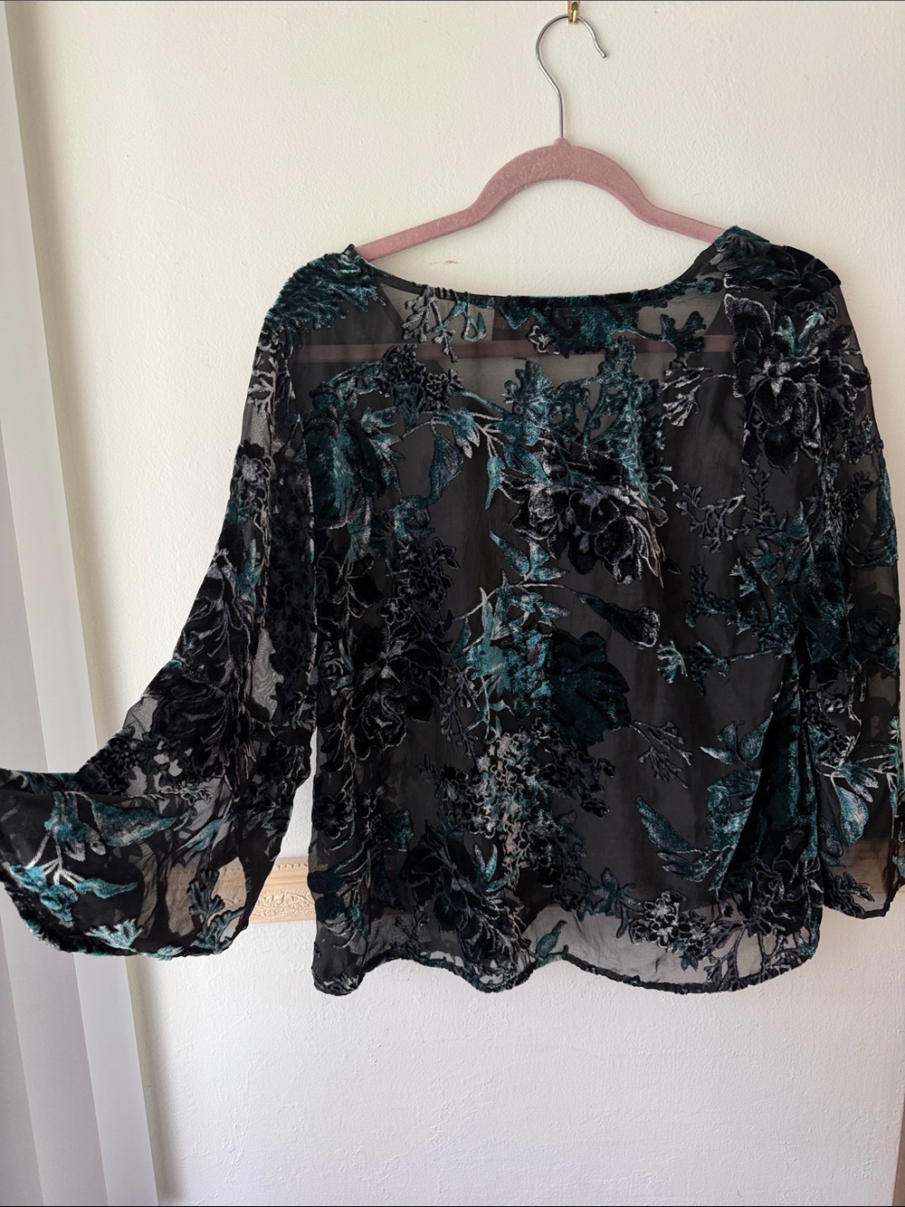 W5 Burnout Velvet Blouse Teal Black Floral V-Neck Bell Sleeve Top Whimsigoth